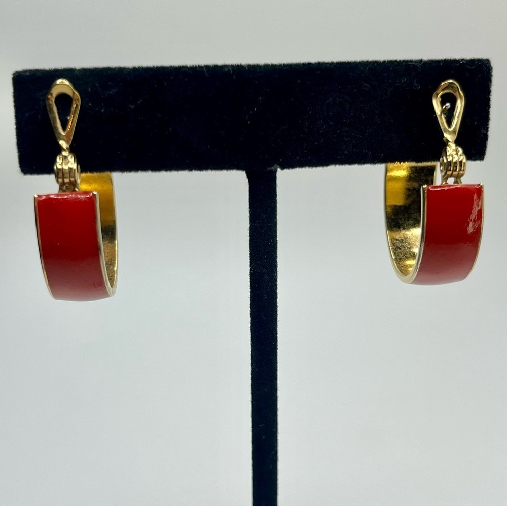 Signed Monet Earrings Red & Gold Enamel HoopsClassic 80s/90s Style - Picture 2 of 6